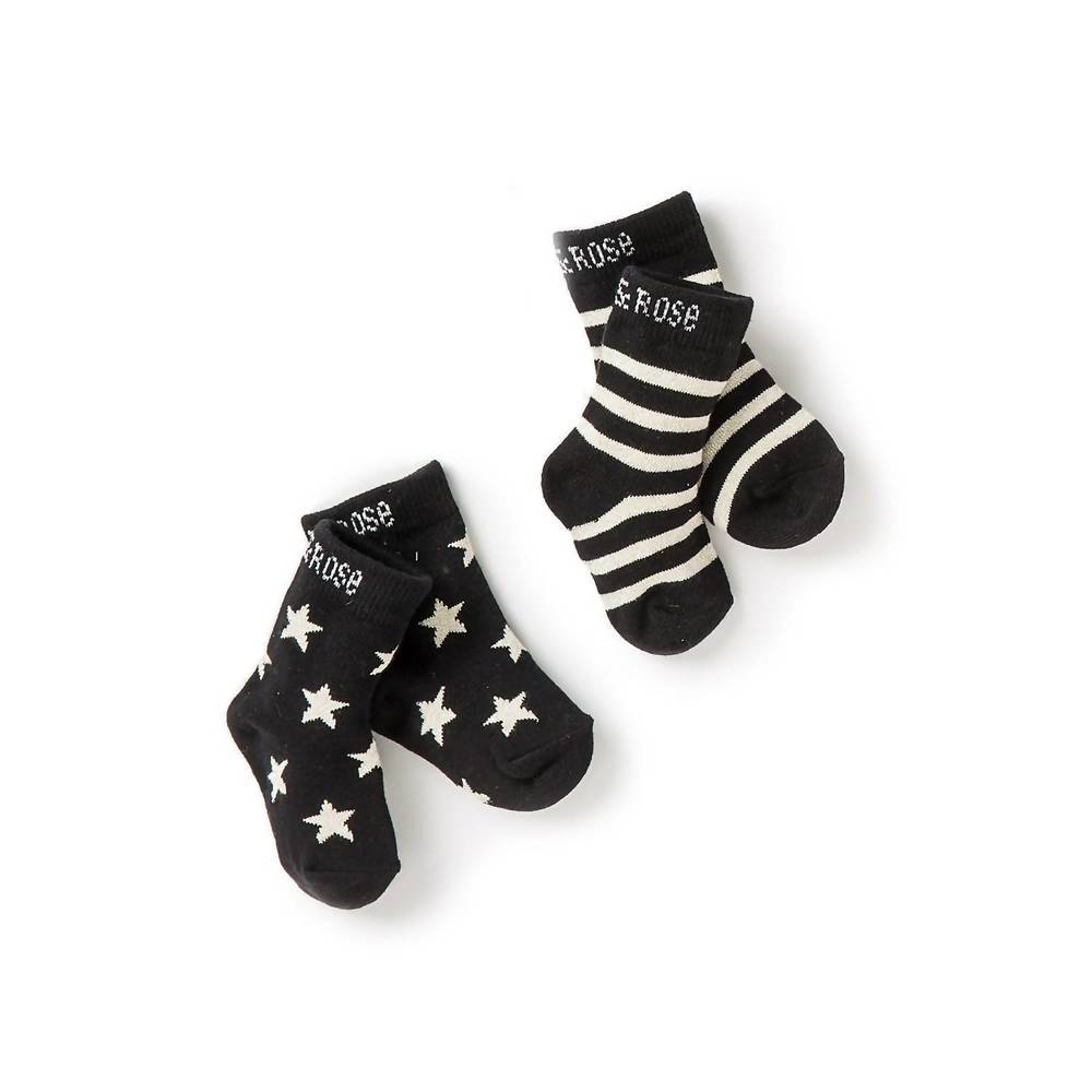NEW BLADE AND ROSE baby 2 pair star and stripe socks in black/gold